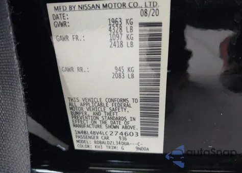 2020 Nissan Altima S from USA, damaged, VIN 1N4BL4BV4LC274603